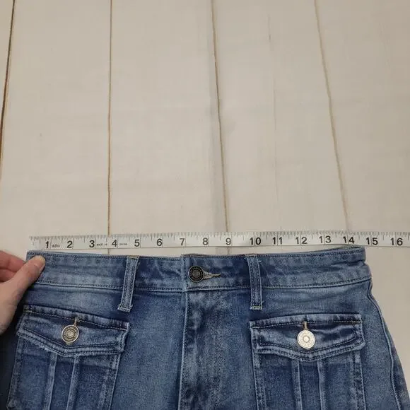 Kancan high rise flare jeans stretch raw hem boho 27 flap pockets short - Picture 6 of 8